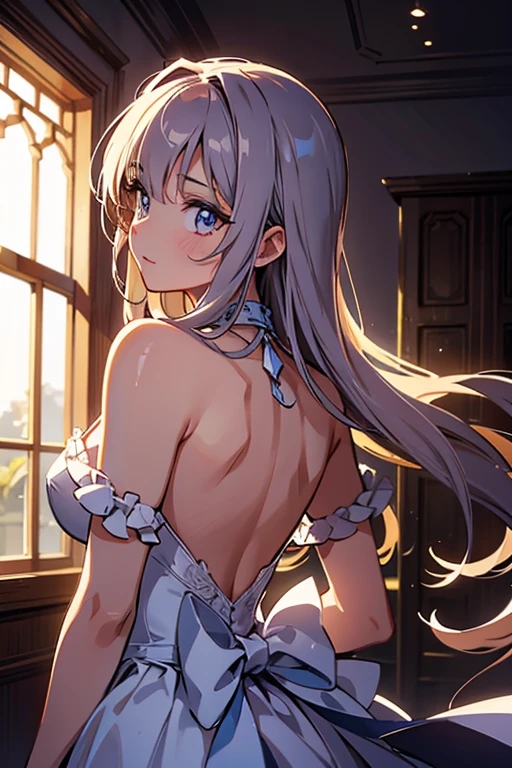 (photorealistic:1.2), (white wedding dress), detailed vibrant eyes, Perfect features, (masterpiece), (best quality:1.4), intricate details, moist skin, shiny skin, glossy skin, (masterpiece, best quality, good quality:1.4), intricate details, (detailed background, wedding ceremony, inside), (cinematic lighting, best illumination, colorful), (1girl, solo, elf girl, red eyes, long braided hair, silver hair, elven ears, sharp face, blushing, big ass, very wide hip, small breasts, covered, lean body, perfect hand), (close up, top half, holding flower bouquet, happy, smile, teeth, red cheeks, blushing, closed eyes) overhead view, straight on