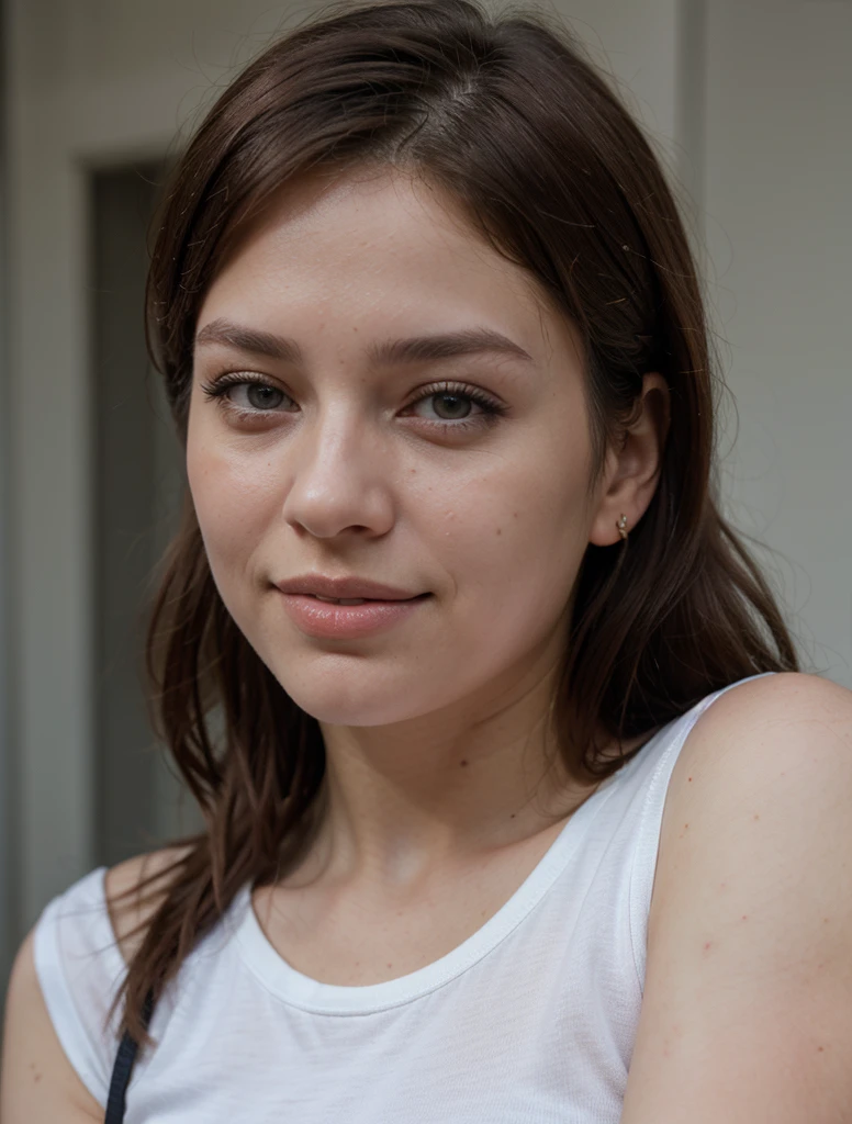 ((best quality)), ((masterpiece)), (detailed), 1girl, 8K, Best Quality, Masterpiece, Ultra High Resolution, (Realism: 1.4), Original Photo, (Realistic Skin Texture: 1.3), (Film Grain: 1.3), (Selfie Angle) 1 Girl, Beautiful Eyes and Face Details, Masterpiece, Best Quality, Close-up, Upper Body, Looking at the Viewer, russian women, hair (red color), cute smile, wearing t-shirt, white skin, Ashley Graham resident evil 4 character