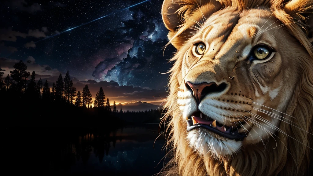 Lion, Divine Lion, naturals, Thunders, Realistic Lion, rey, realistic detailed, Sunset Light, Sky, Night Sun, realistic detailed 16K, Eletricidade Detalhada 8K, Texturas realistas de 8K, Cores photorrealistic 8K, fire azul, realistic detailed Fire Bolt, Sky Light Detailed, Power of thunder, Divine realistic, golden crown, golden crown, golden crown, naturey, Linda, Rendering, photorrealistic, UltraHigh definition, 4K, detailed textures, thunder, detailed shadows, detailed colors, neon blue, blue light, lightnings, blue power, naturey Linda, Great Divine, blue light, thunder Azuls, coroa do rey, lightning, Electric Power Screw, detailed contrast, realistic contrast, high resolution, detailed colors, fire, villany, divine creature, 8K, realistic detailed, 16K, 8K, High definition, detailed contrast, realistic contrast, high resolution, detailed colors, fire, villany, divine creature, 8K Realistic Lion Face, realistic detailed, posh,