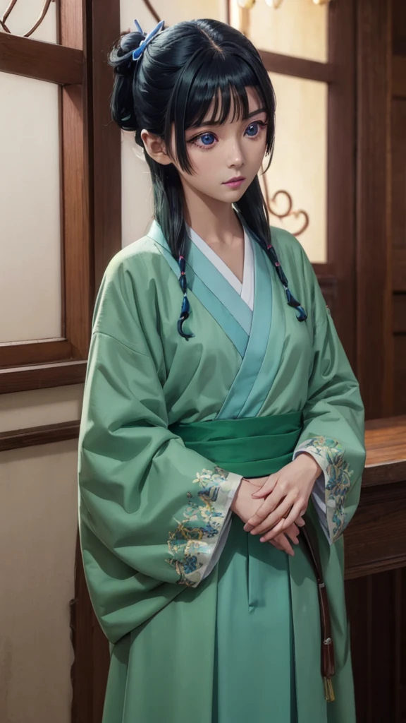 kusuriyamaomao, maomao, long hair, bangs, blue eyes, hair ornament, green hair, blunt bangs, freckles, hair bun, single hair bun,
BREAK japanese clothes, robe, green robe, long sleeves, wide sleeves, skirt, (red skirt),
BREAK indoors,
BREAK looking at viewer, (cowboy shot:1.5),
BREAK (masterpiece:1.2), best quality, high resolution, unity 8k wallpaper, (illustration:0.8), (beautiful detailed eyes:1.6), extremely detailed face, perfect lighting, extremely detailed CG, (perfect hands, perfect anatomy),