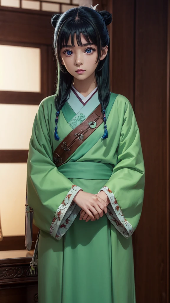 kusuriyamaomao, maomao, long hair, bangs, blue eyes, hair ornament, green hair, blunt bangs, freckles, hair bun, single hair bun,
BREAK japanese clothes, robe, green robe, long sleeves, wide sleeves, skirt, (red skirt),
BREAK indoors,
BREAK looking at viewer, (cowboy shot:1.5),
BREAK (masterpiece:1.2), best quality, high resolution, unity 8k wallpaper, (illustration:0.8), (beautiful detailed eyes:1.6), extremely detailed face, perfect lighting, extremely detailed CG, (perfect hands, perfect anatomy),