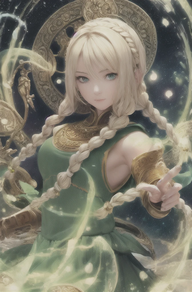 best quality, masterpiece, upper body,
(adult:1.6) ukrainian woman, (smirk:0.4),
braided blonde hair,
emerald eyes,
medieval sundress,
floating light particles, centered,