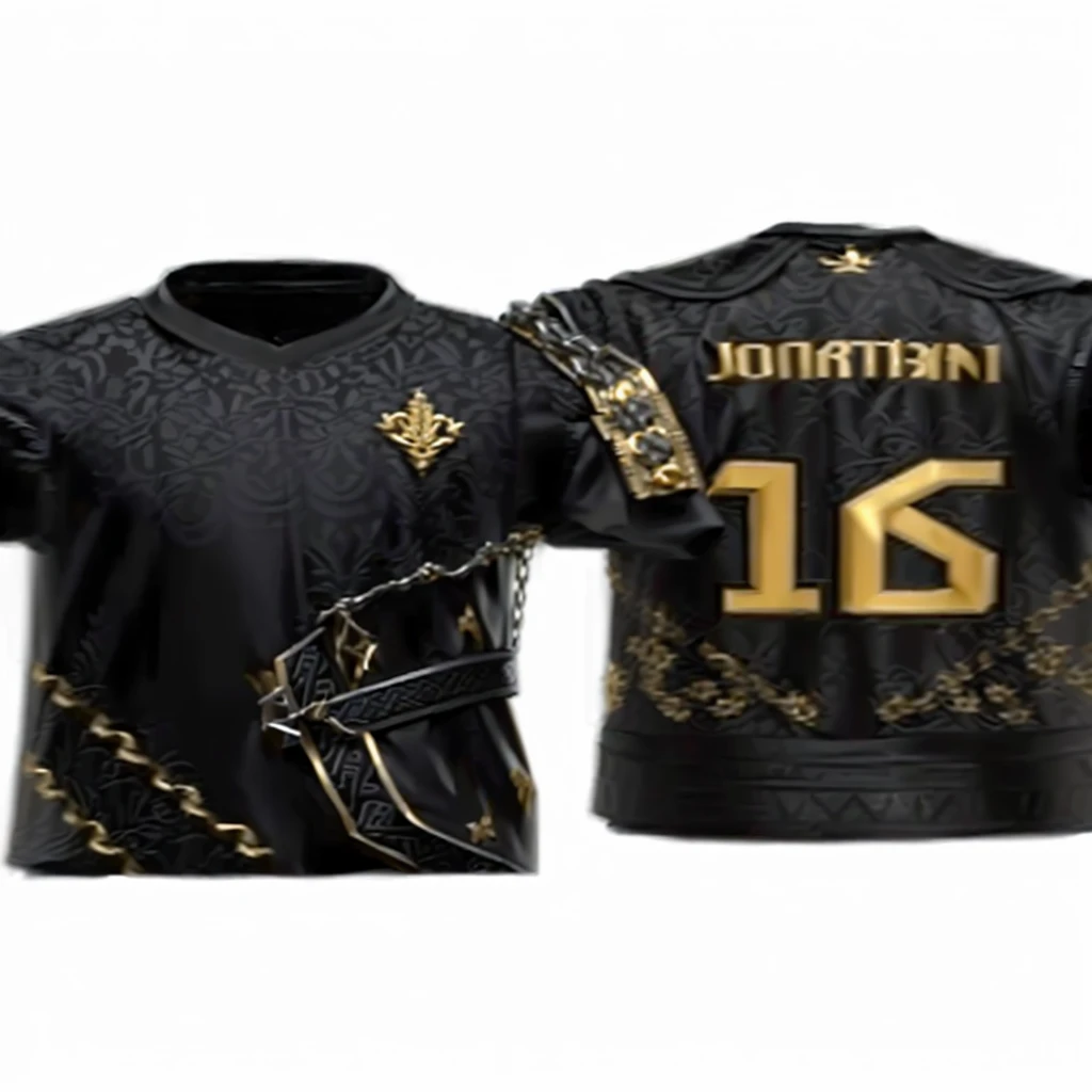 a close up of a jersey with a chain around it, black jersey, jordan, johnatan wayshak, roman, jonathan winterhart, mohamed chahin style, gold black, vantablack gi, egyptian, inspired by Božidar Jakac, oman, gilded black uniform, black and gold, dark ornate royal robes