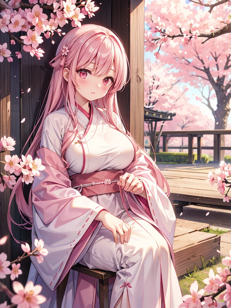 Wearing pink straight hair, pale pink hanfu, holding cherry blossoms in hand, in the background, cherry blossoms are in full bloom on beautiful cherry trees, she is a gentle person, cute big breasts, slim, and gentle girls, movements Various, the action is vivid