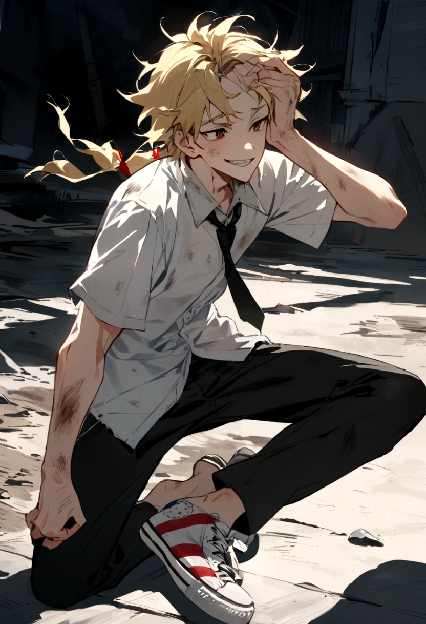 Young man with an angular face giving a smile with pointed teeth. His blonde hair is disheveled and often falls over his forehead in a messy manner., reflecting a sloppy style. Their brown eyes often convey a mixture of determination and tiredness., with an expression that varies between firm resolve and vulnerable innocence. He has a slim physique, but athletic, indicating a life of physical challenges and battles. His clothes consist of a rumpled white shirt, a loosely tied black tie and dark pants, all often torn and dirty, suggesting an arduous and exhausting life, he wears white All-star sneakers with red stripes.