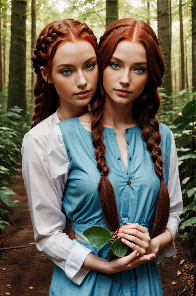 Women with red braided hair  ,almond blue eyes , holding lotus in hand without blurry forest background 