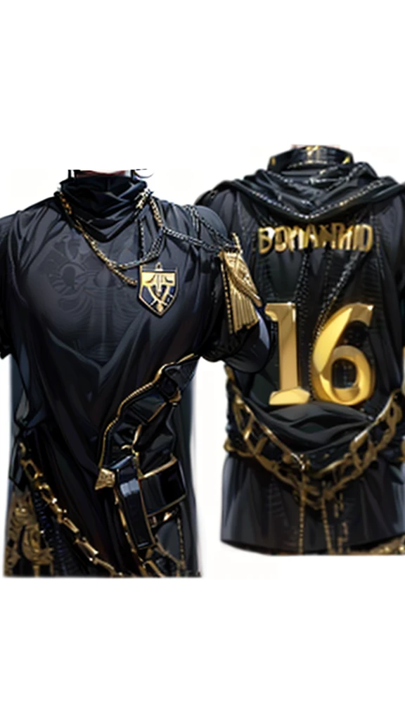 a close up of a jersey with a chain around it, black jersey, jordan, johnatan wayshak, roman, jonathan winterhart, mohamed chahin style, gold black, vantablack gi, egyptian, inspired by Božidar Jakac, oman, gilded black uniform, black and gold, dark ornate royal robes