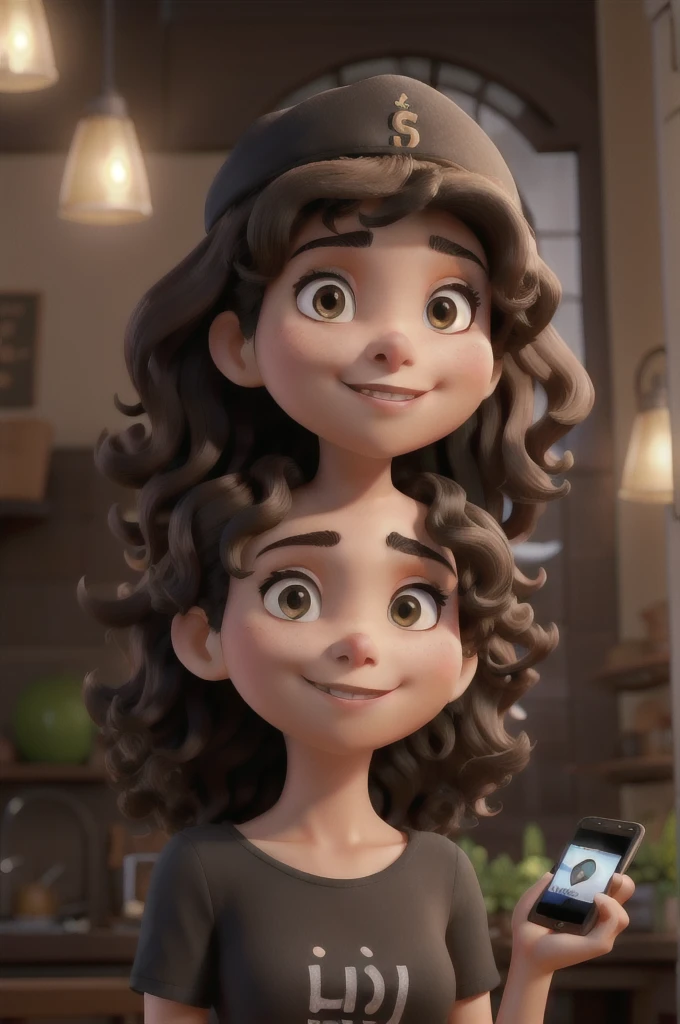 A brunette woman with curly hair wearing a black cap and written Thai on the front holding an iPhone in soft lighting looking straight, dark skin color 8k 3D