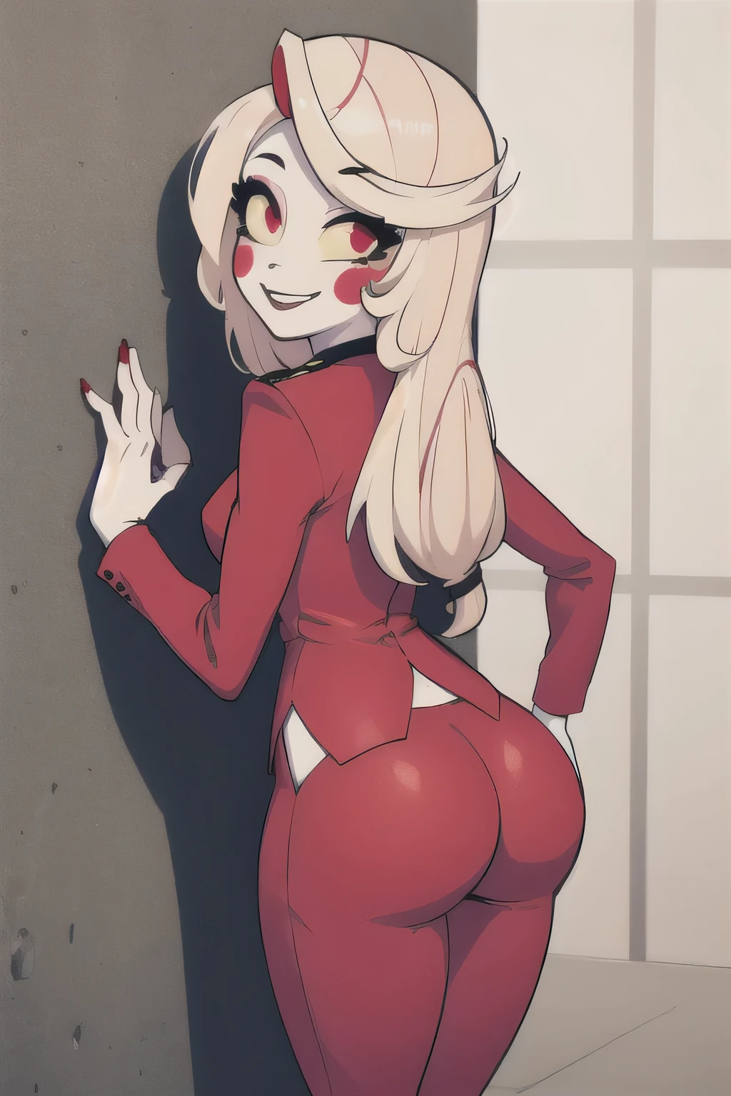 (masterpiece, best quality:1.2), 1girl, solo, blonde hair, yellow sclera, red eyes, looking at the viewer, red suit, red pants, high heels, white, red cheeks, pale skin, smiling, sexy, against wall, hands on ass, big ass, facing wall