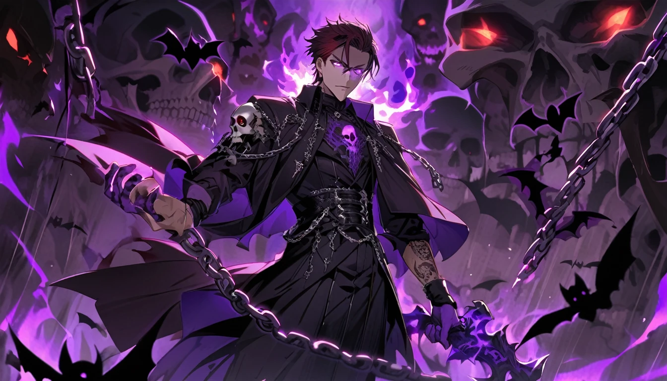 male, hell, purple flame, purple flame hand, skull, chain, tatoo, bats, bone, blood, glowing eyes, purple eyes, dark red hair, emperor dark outfit