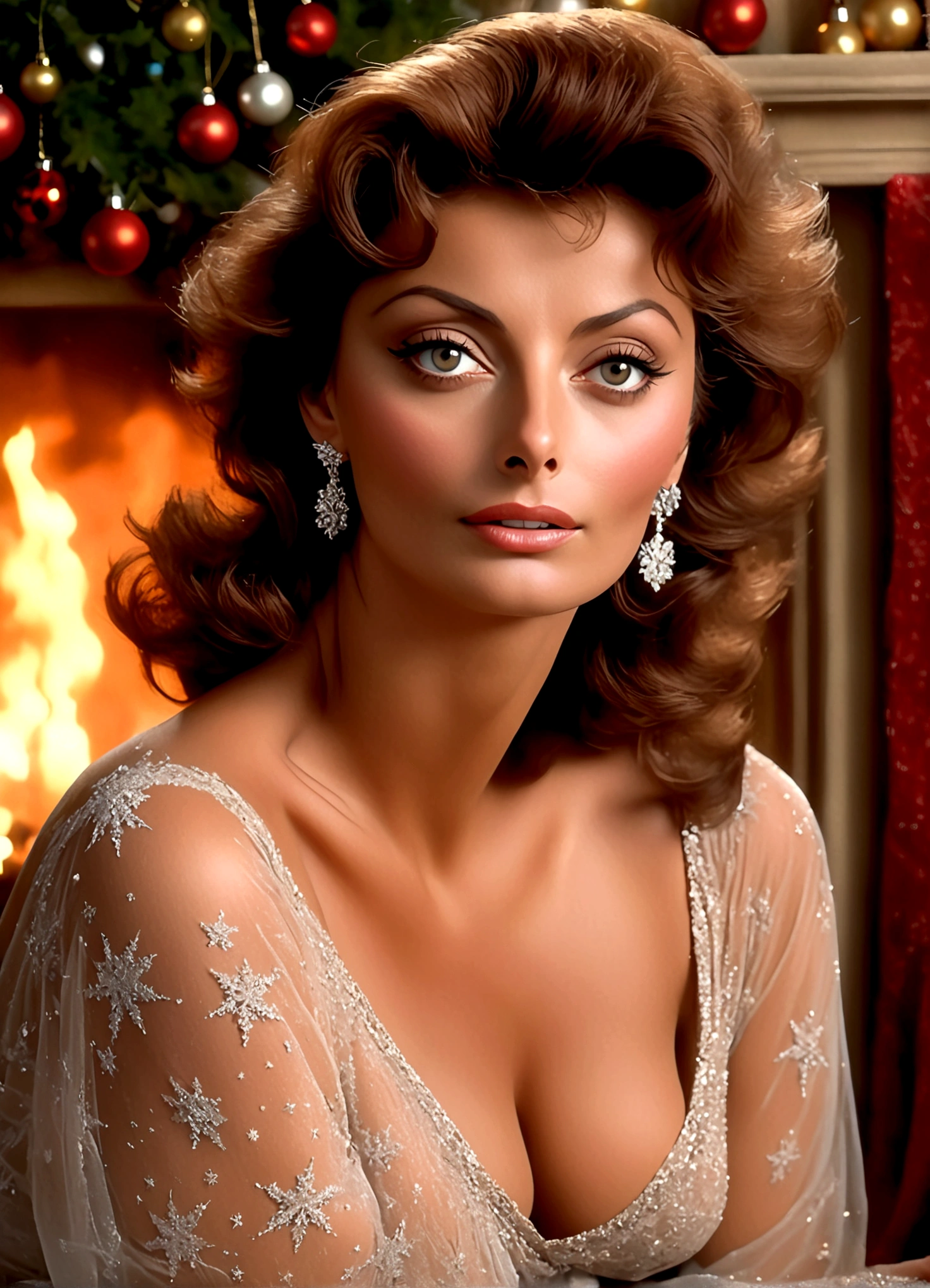 a beautiful young woman (Sophia Loren, age 25), wearing an airy sheer Christmas night gown (shoulders exposed, deeply plunging neckline)(sexually over exposed) , nude except for night gown, her intimate areas fully exposed and very detailed, playing with her vagina by an old-fashioned fireplace with a roaring fire, Lewd poses (spread legs)(Caressing breasts), Porno Christmas scene (best quality, 4k, 8k, highres, masterpiece:1.2), ultra-detailed, (realistic, photorealistic, photo-realistic:1.37), HDR, UHD, studio lighting, ultra-fine painting, sharp focus, physically-based rendering, extreme detail description, professional, vivid colors, bokeh, portrait, figurative, intimate, sensual, cozy, Christmas, warm lighting, chiaroscuro (show her entire body, show all of her)
