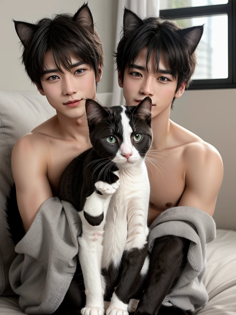 Solo, male focuasterpiece, ultra quality, high resolution, 8k, intricate: 1.2), (detailed face:1.2), handsome, Young Korean man , wearing nothing, fully naked, correct looking body , detailed skin, 1boy, ((realistic)), (Crawling on All Fours, Kneeling), on a bed,he has big furry cat ears,