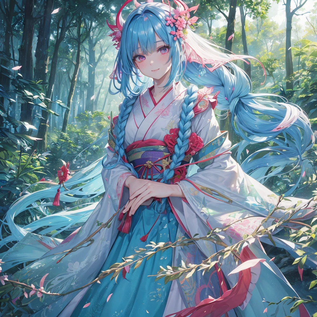 sky Blue hair, (braided ponytail),(pink eyes),fair skin ,(full body),1 girl,smile,white red kimono,Fresh green forest,Forest Goddess,Straight Bangs,(masterpiece, best quality, ultra-detailed, best shadow), (detailed background), (beautiful detailed face), high contrast, (best illumination, an extremely delicate and beautiful), ((cinematic light)), colorful, hyper detail, dramatic light, intricate details,guardian of the forest,Leaf Blizzard,high quality,