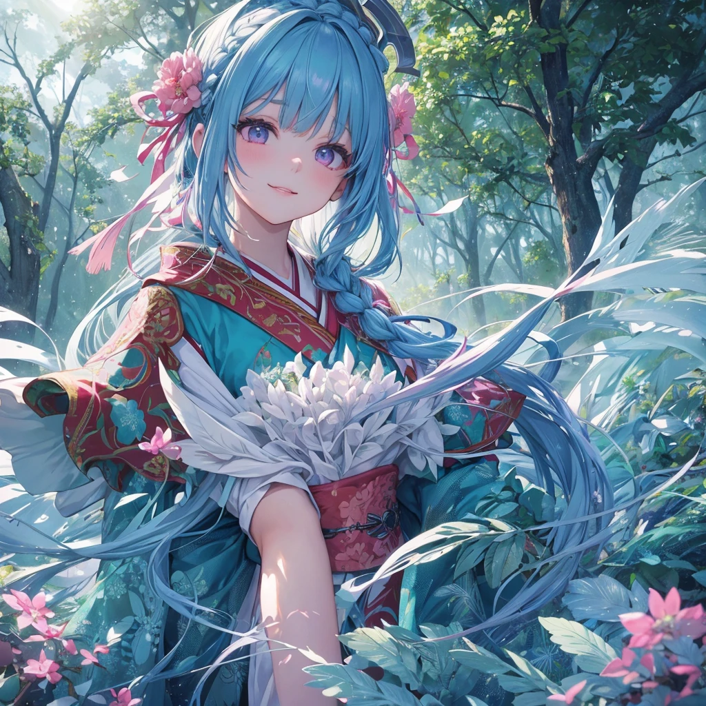 sky Blue hair, (braided ponytail),(pink eyes),fair skin ,(full body),1 girl,smile,white red kimono,Fresh green forest,Forest Goddess,Straight Bangs,(masterpiece, best quality, ultra-detailed, best shadow), (detailed background), (beautiful detailed face), high contrast, (best illumination, an extremely delicate and beautiful), ((cinematic light)), colorful, hyper detail, dramatic light, intricate details,guardian of the forest,Leaf Blizzard,high quality,