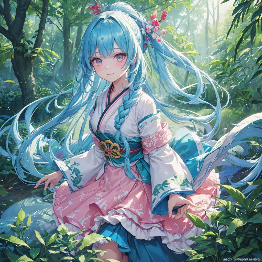 sky Blue hair, (braided ponytail),(pink eyes),fair skin ,(full body),1 girl,smile,white red kimono,Fresh green forest,Forest Goddess,Straight Bangs,(masterpiece, best quality, ultra-detailed, best shadow), (detailed background), (beautiful detailed face), high contrast, (best illumination, an extremely delicate and beautiful), ((cinematic light)), colorful, hyper detail, dramatic light, intricate details,guardian of the forest,Leaf Blizzard,high quality,