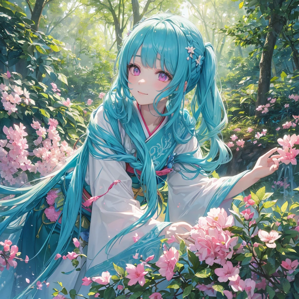 sky Blue hair, (braided ponytail),(pink eyes),fair skin ,(full body),1 girl,smile,white red kimono,Fresh green forest,Forest Goddess,Straight Bangs,(masterpiece, best quality, ultra-detailed, best shadow), (detailed background), (beautiful detailed face), high contrast, (best illumination, an extremely delicate and beautiful), ((cinematic light)), colorful, hyper detail, dramatic light, intricate details,guardian of the forest,Leaf Blizzard,high quality,