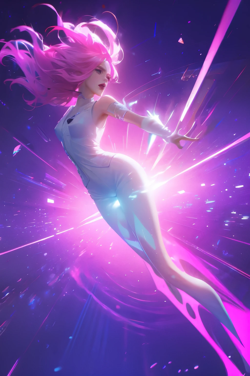 Cyberpunk, Pink Hair, Futurism, Surreal, Ultra wide angle, Wide-angle lens, look up, Dynamic Movement, Expressive, Full of energy, The Sacred Edge, Laser holographic images
