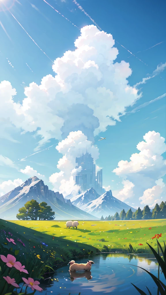 Summer, meadows, a few small flowers, clear lakes, sheep, heaven, large clouds, blue sky, hot weather, HD detail, hyper-detail, cinematic, surrealism, soft light, deep field focus bokeh, distant vistas are snowy mountains, ray tracing, and surrealism. --v6