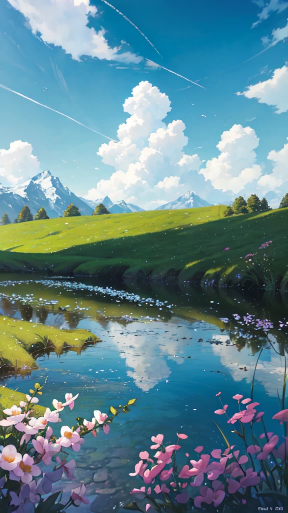 Summer, meadows, a few small flowers, clear lakes, sheep, heaven, large clouds, blue sky, hot weather, HD detail, hyper-detail, cinematic, surrealism, soft light, deep field focus bokeh, distant vistas are snowy mountains, ray tracing, and surrealism. --v6
