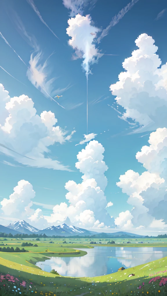 Summer, meadows, a few small flowers, clear lakes, sheep, heaven, large clouds, blue sky, hot weather, HD detail, hyper-detail, cinematic, surrealism, soft light, deep field focus bokeh, distant vistas are snowy mountains, ray tracing, and surrealism. --v6
