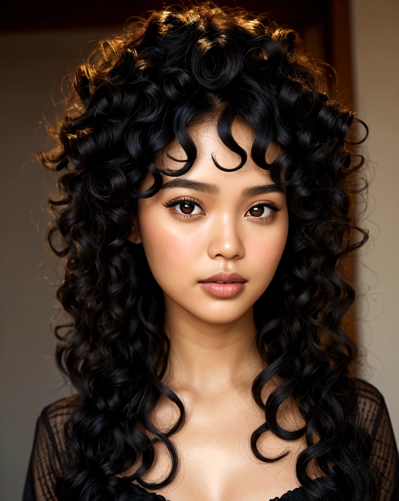 A beautiful and amazing 30 year old indonesian woman,portrait of upper body,Free curls, Black curly hair, (dark shorter curly hair), Wild black long curly hair, multiversal hair, indonesian, Short black curly hair, Curly black hair, Curls, wavy hair spread out, Baroque curls, curlies, curly, Fair curly hair, Hair texture, curly bang
