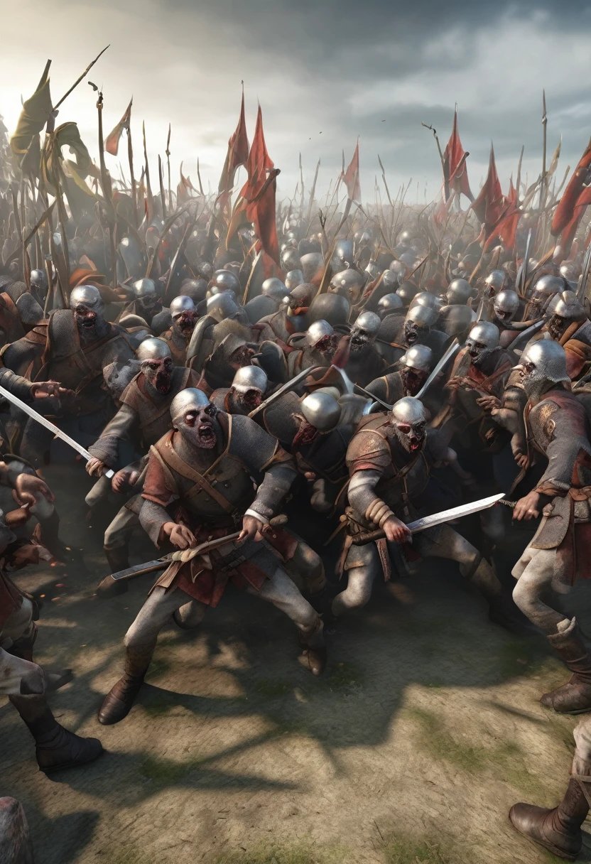 3D, horde of zombies fighting medieval common soldiers, daytime.