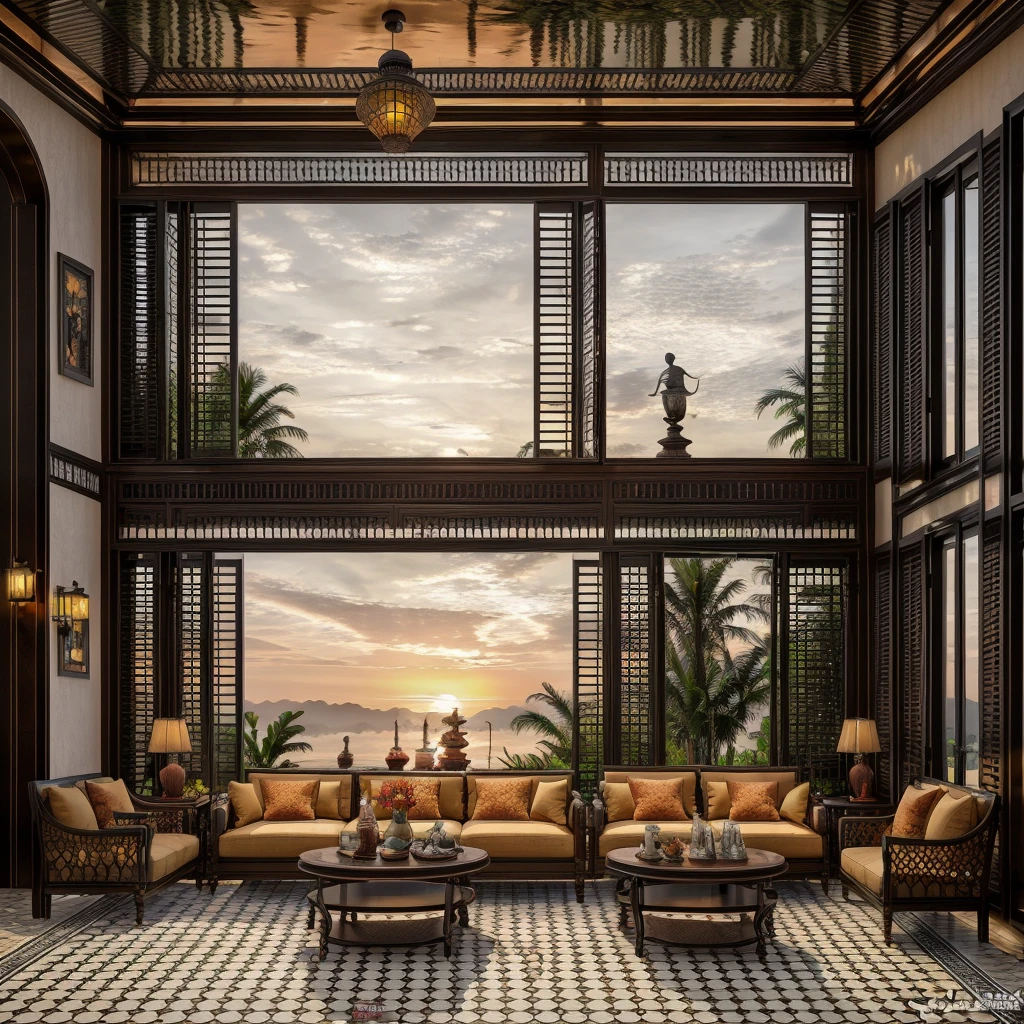 Raw photo, Masterpiece, high quality, best quality, authentic, super detail, interior, indoors, indochine livingroom with couch,rug, coffe table, dark tile floor, (sunset:1.1), vivid color, vray,