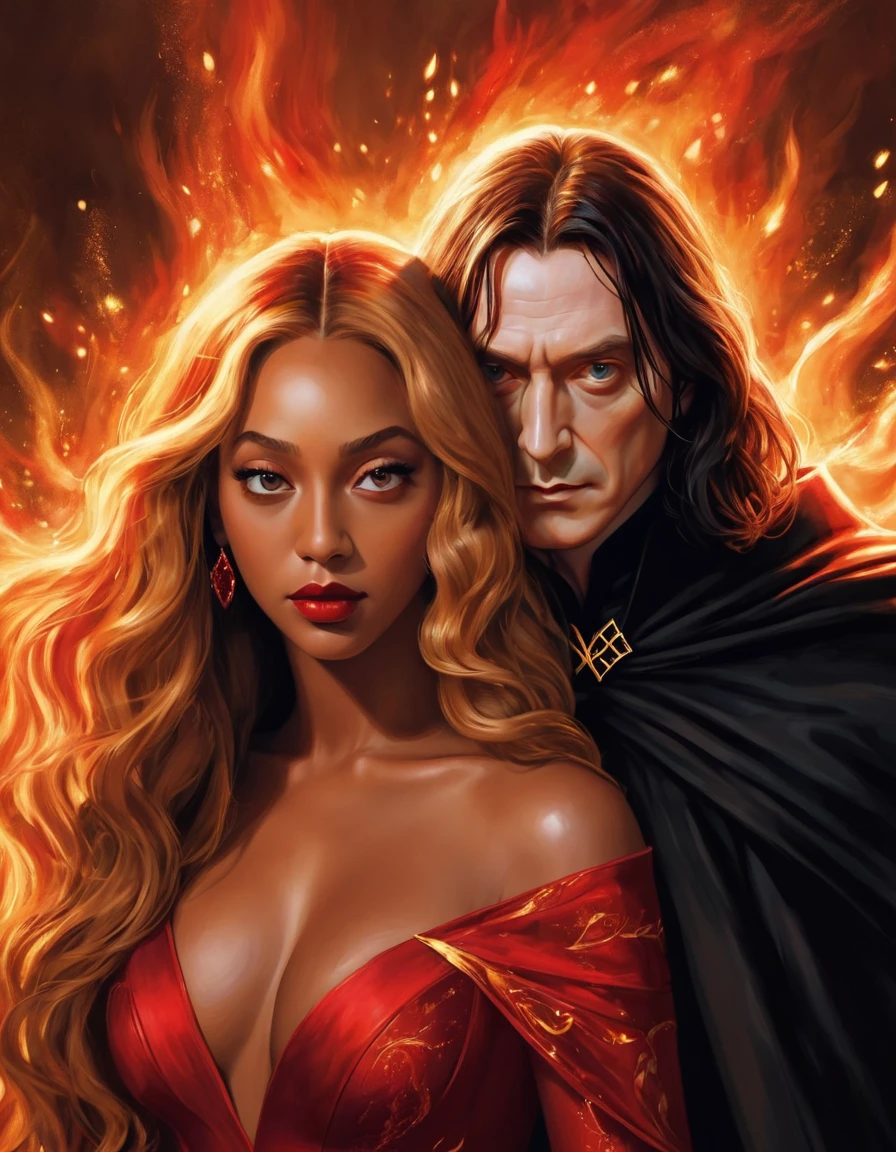 ### Scene: Create an image of two people in love in a setting of mystery and passion.
**Woman's Appearance:**
- Resembles Beyoncé
- Brown skin
- Long, golden blonde curly hair
- Confident and seductive expression
- Wearing a red dress, elegant and form-fitting
- Lips painted a deep, intense red
**Man's Appearance:**
- Resembles Severus Snape
- Pale skin
- Large nose
- Black, straight hair falling around his face in a somber manner
- Serious and intense expression
- Wearing a black cloak, contrasting with the flames around them
**Atmosphere:**
- Surrounded by flames, creating a mystical and fiery ambiance
- Soft lighting highlighting their faces, enhancing the sparkle in their eyes
- Flames adding an element of intensity and mystery to the scene
- They are close to each other, gazing intensely into each other's eyes, exuding a strong emotional connection