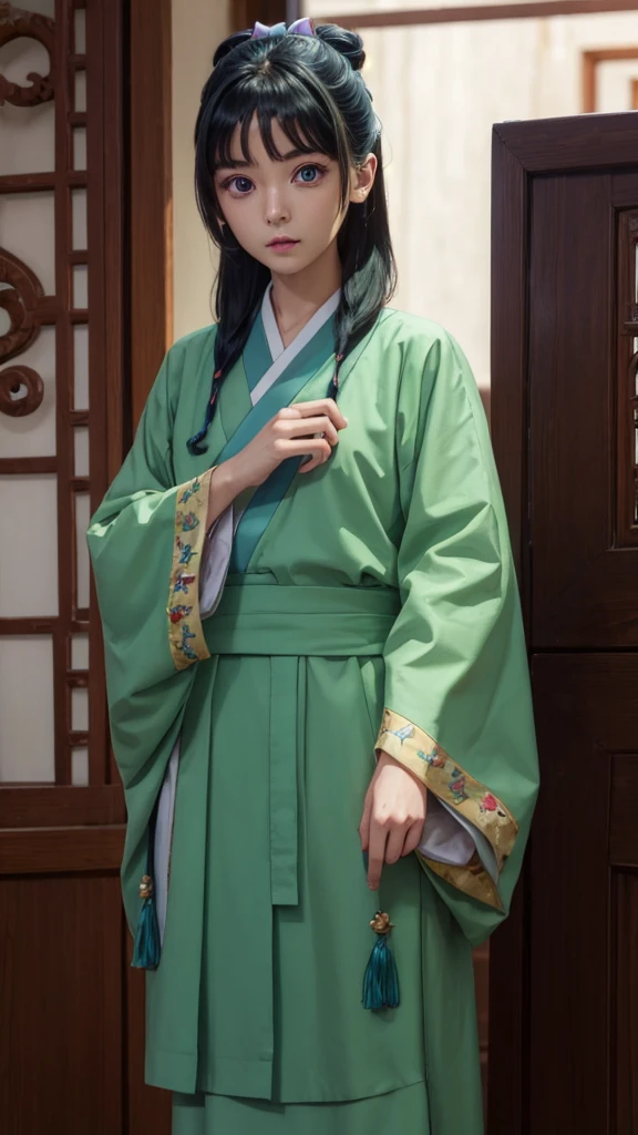 kusuriyamaomao, maomao, long hair, bangs, blue eyes, hair ornament, green hair, blunt bangs, freckles, hair bun, single hair bun,
BREAK japanese clothes, robe, green robe, long sleeves, wide sleeves, skirt, (red skirt),
BREAK indoors,
BREAK looking at viewer, (cowboy shot:1.5),
BREAK (masterpiece:1.2), best quality, high resolution, unity 8k wallpaper, (illustration:0.8), (beautiful detailed eyes:1.6), extremely detailed face, perfect lighting, extremely detailed CG, (perfect hands, perfect anatomy),