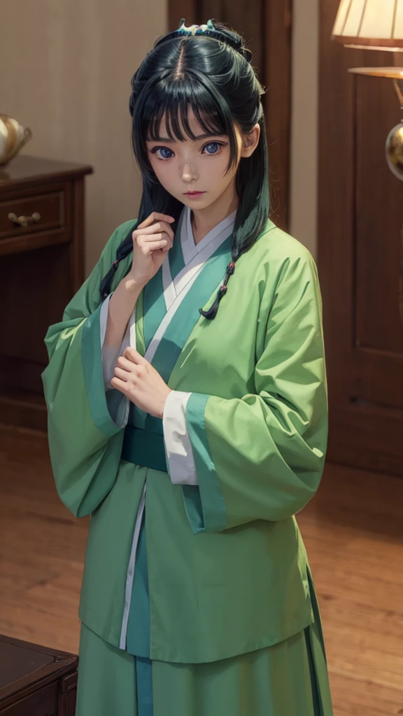 kusuriyamaomao, maomao, long hair, bangs, blue eyes, hair ornament, green hair, blunt bangs, freckles, hair bun, single hair bun,
BREAK japanese clothes, robe, green robe, long sleeves, wide sleeves, skirt, (red skirt),
BREAK indoors,
BREAK looking at viewer, (cowboy shot:1.5),
BREAK (masterpiece:1.2), best quality, high resolution, unity 8k wallpaper, (illustration:0.8), (beautiful detailed eyes:1.6), extremely detailed face, perfect lighting, extremely detailed CG, (perfect hands, perfect anatomy),