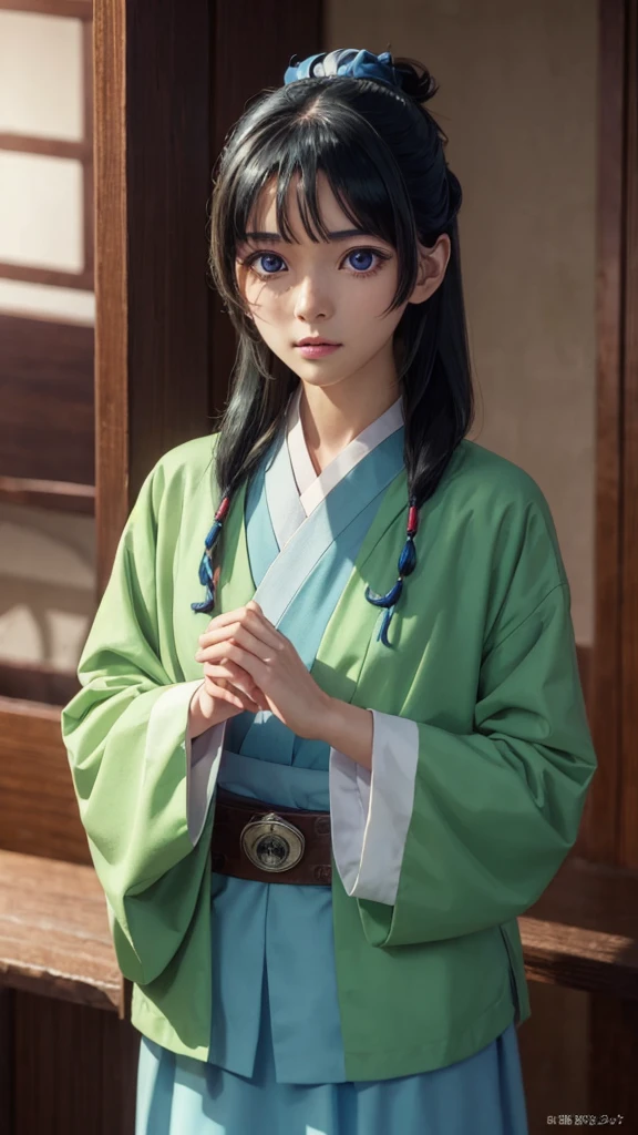 kusuriyamaomao, maomao, long hair, bangs, blue eyes, hair ornament, green hair, blunt bangs, freckles, hair bun, single hair bun,
BREAK japanese clothes, robe, green robe, long sleeves, wide sleeves, skirt, (red skirt),
BREAK indoors,
BREAK looking at viewer, (cowboy shot:1.5),
BREAK (masterpiece:1.2), best quality, high resolution, unity 8k wallpaper, (illustration:0.8), (beautiful detailed eyes:1.6), extremely detailed face, perfect lighting, extremely detailed CG, (perfect hands, perfect anatomy),