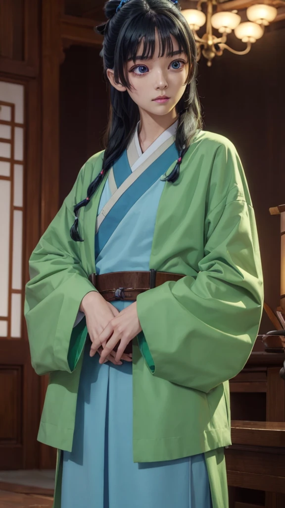 kusuriyamaomao, maomao, long hair, bangs, blue eyes, hair ornament, green hair, blunt bangs, freckles, hair bun, single hair bun,
BREAK japanese clothes, robe, green robe, long sleeves, wide sleeves, skirt, (red skirt),
BREAK indoors,
BREAK looking at viewer, (cowboy shot:1.5),
BREAK (masterpiece:1.2), best quality, high resolution, unity 8k wallpaper, (illustration:0.8), (beautiful detailed eyes:1.6), extremely detailed face, perfect lighting, extremely detailed CG, (perfect hands, perfect anatomy),