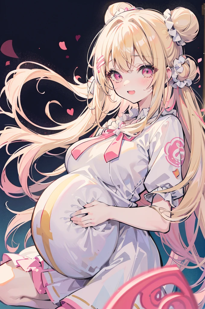 Bishojo anime style,pregnant high school girl,white huge maternity ,blonde curled fringe with bun hair,
scrunchie,Semicircular eyes,laugh,happy,love, aura of love, agape,