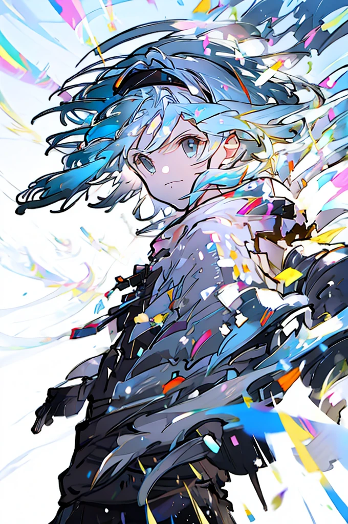 Djeeta Pure white background Blue Hair Black headband Facing forward looks strong Black clothes Casual Style White hood hoodie