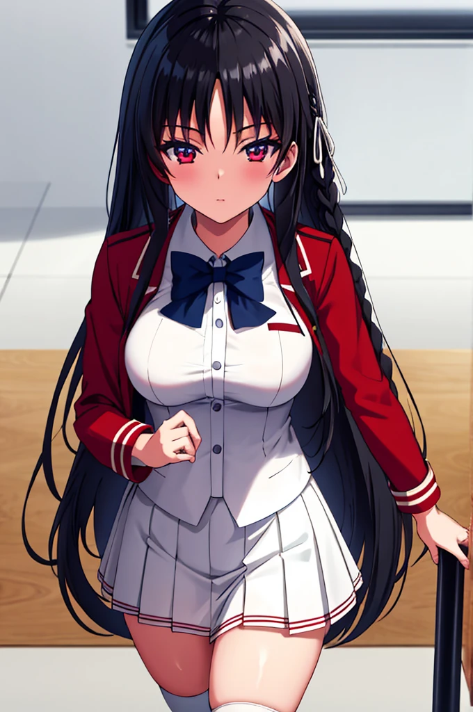 (masterpiece:1.2), (best quality:1.1), (8k, ultra detailed, ultra high res:1.2), ((anime style)), perfect 5 fingers, perfect anatomy, 
1girl,
Suzune Horikita, 
Suzune Horikita \(youjitsu\),
BREAK long hair, braid, 
black hair, 
red eyes, (focus detailed eyes:1.2), 
blue bow, 
medium breasts, 
BREAK red jacket, long sleeves, white skirt, pleated skirt, black thigh-high socks, 
looking at viewer, 
cowboy shot, 
perfect light, indoor, class room, 