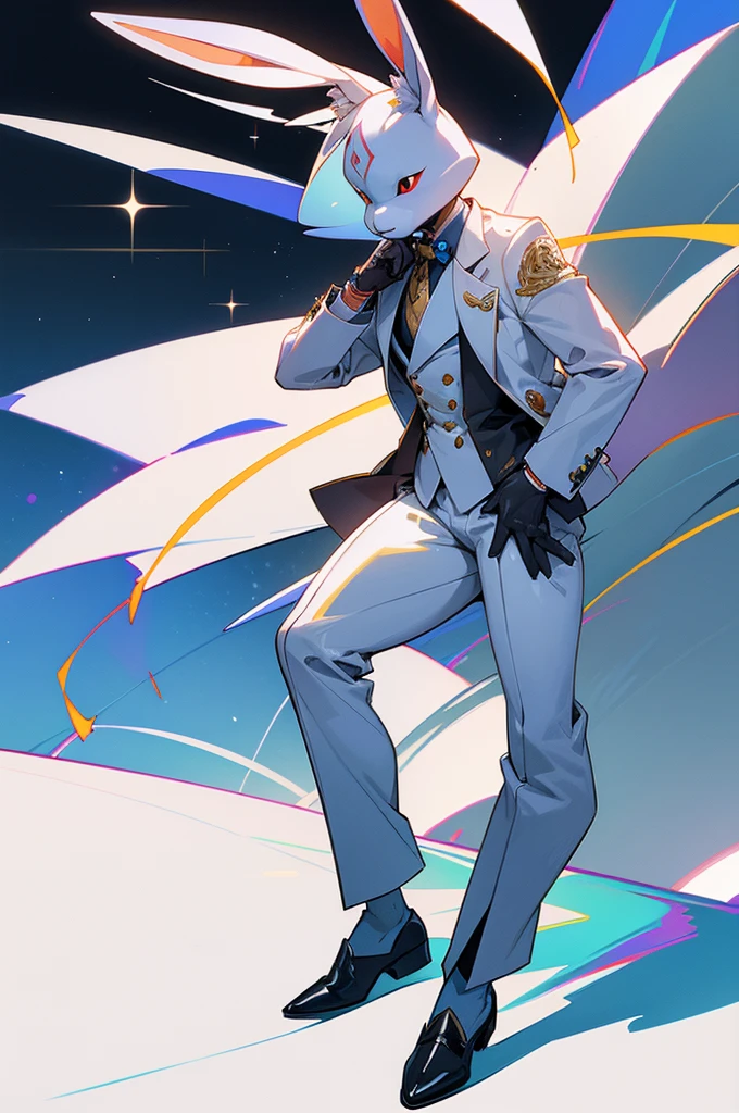 (Rabbit in luxury business suit、Upright rabbit、Humanoid rabbit、、Full body photo、Rabbit in a pose、Cool anthropomorphic rabbit)、masterpiece, top-quality, in 8K , intricate detailes, ultra-detailliert , light Particle、32K Digital Paint, Hyper-Realism, Abstract background:1.3, colourfull:1. 3, Zentangle:1.2、