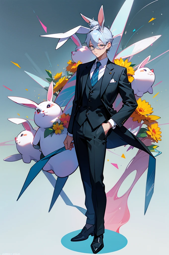 (Rabbit in luxury business suit、Upright rabbit、Humanoid rabbit、、Full body photo、Rabbit in a pose、Cool anthropomorphic rabbit)、masterpiece, top-quality, in 8K , intricate detailes, ultra-detailliert , light Particle、32K Digital Paint, Hyper-Realism, Abstract background:1.3, colourfull:1. 3, Zentangle:1.2、