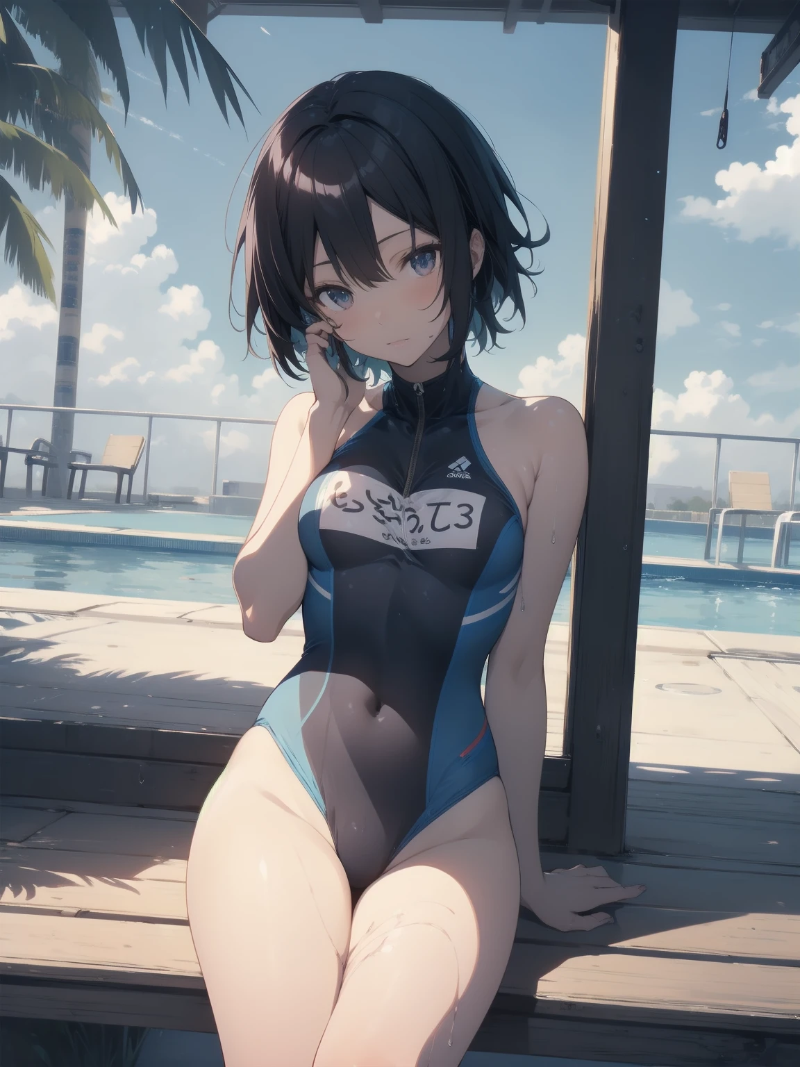 ultra-Top-quality by art God, ultra-detailed, high resolution, shinkai makoto style, anime moe artstyle, best anime 8k konachan wallpaper, pixiv contest winner, perfect anatomy, break,(Please draw a picture of a girl in a swimsuit sitting masturbation on a bench by the poolside alone.),break, a hyperrealistic school girl, (Solo,ta, kid, 13-year-old:1.3),Full limbs, complete fingers, androgynous charm, (very short hair), wet hair, small breasts,slender body, Small butt, groin, Small black eyes,hanme,beautiful detailed eyes, well-proportioned iris and pupils, sleepy eyes, highres detailed hair, swimsuit, wet swimsuit, bare shoulders, thighs, pussy juice, masturbation, in the school pool. break,super detailed skin, shiny skin, Best lighting powered by famous artist, 8k, illustration,UHD, textured skin,break,((artist:toosaka_asagi )), artist:clamp ,artist:carnelian ,artist:kantoku ,