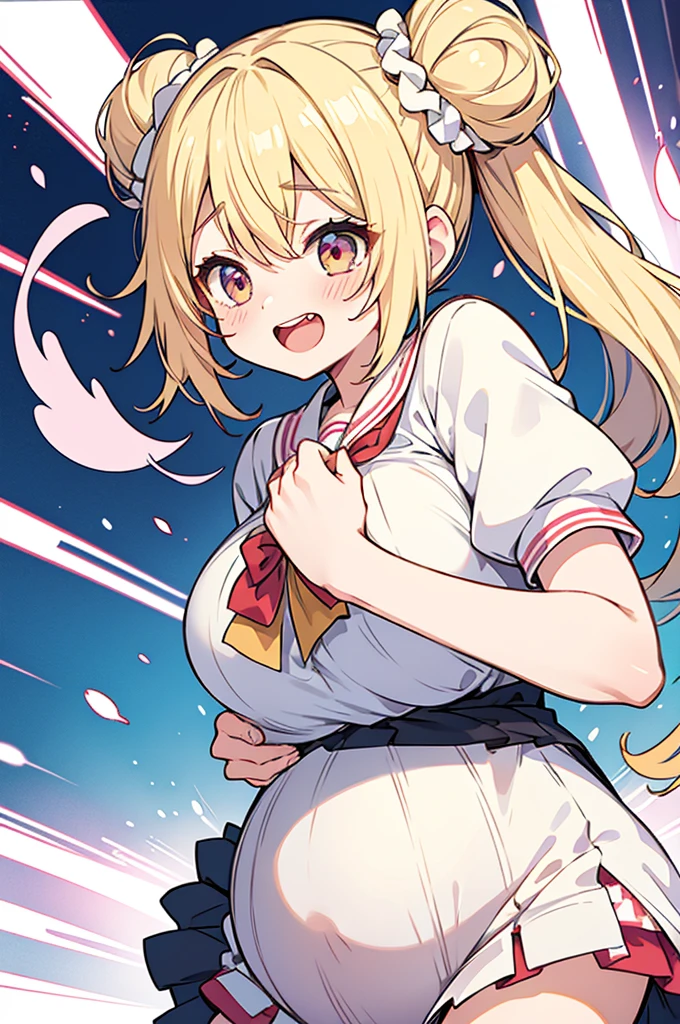Bishojo anime style,((Yah! Yah! Yah!)),Get excited at a live music club listening to favorite band,
pregnant high school girl,white huge maternity clothes,ultra over size clothes,blonde one-side-up long hair with one-bun,
scrunchie,Semicircular eyes,laugh,happy,love, aura of love, agape,raise arms,apart arms,