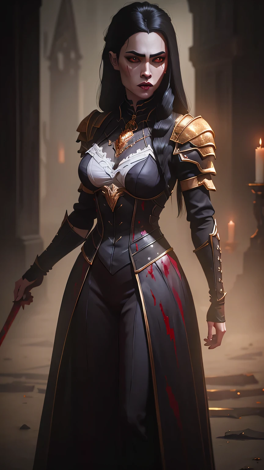 1girl, golden glowing eyes, black hair, pale skin, black gold armor, vampire queen, fantasy dark souls world, fighting with, vampire Hunter, oil painting, detailed brushstrokes, haunting atmosphere, best quality, ultra-detailed, realistic, vivid colors, gothic style, eerie lighting, blood-red color tones.