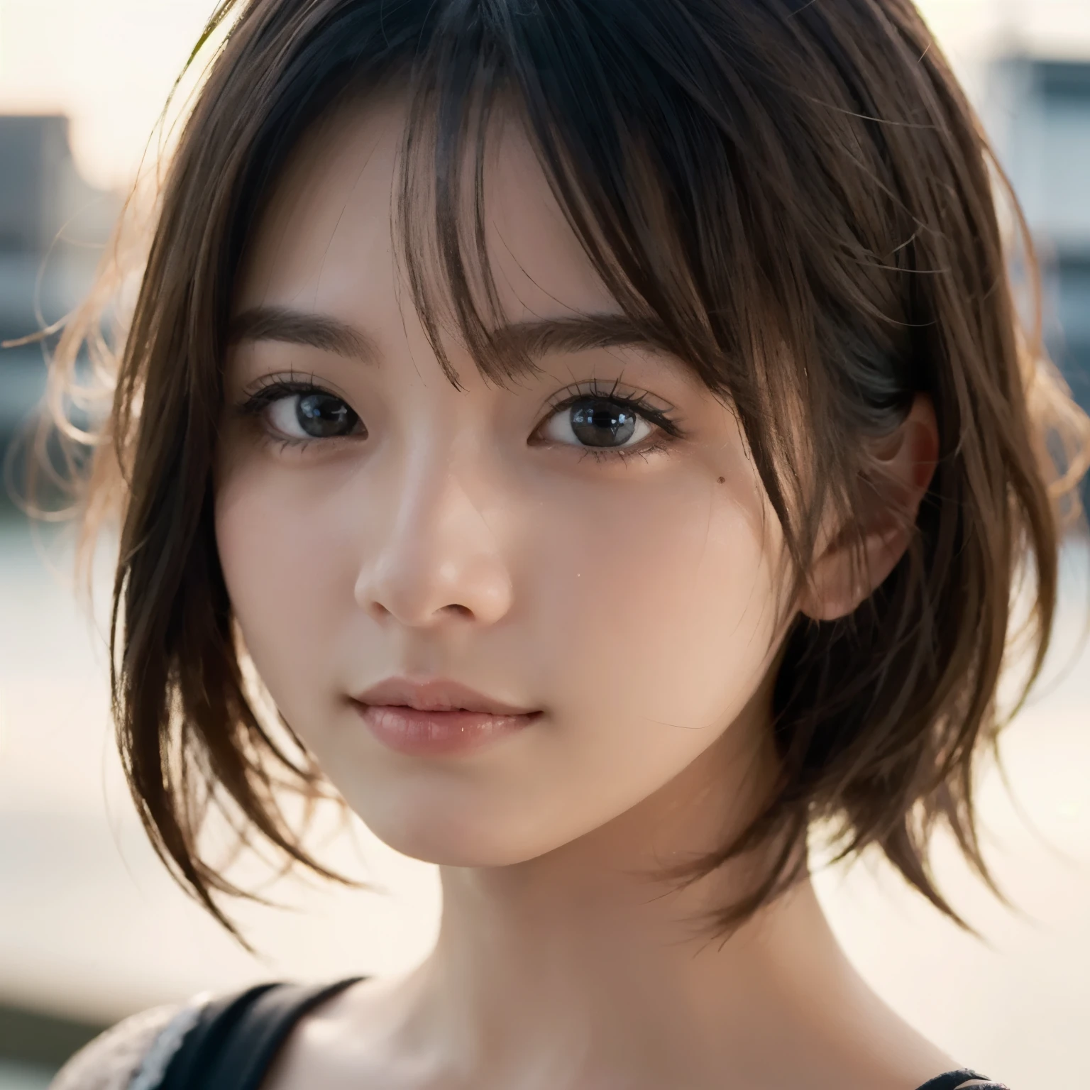 8K、Beautiful 15 year old girl,Rembrandt Lighting,(Photorealistic:1.2), (Highest quality), (Detailed skin:1.3), (Intricate details), Ray Tracing,1People Girls, In detail,real,RAW Photos & Realistic atmosphere,、,Detailed lips、Beautiful, shining lips, Detailed face、 Japanese Girls, Baby Face, At the Port、Strong winds (Highest quality,masterpiece:1.3,Ultra-high resolution),(Very detailed,Caustics,8K),(Realistic:1.4,RAW shooting), In detail,real,Pop Idol,Scattered beneath the surface,(blush:0.5), Detailed skin texture,Japanese,cute,Black and short hair,Looking at the camera,Collarbone Bare Skin,Shoulder Bare Skin,(Face Focus:1.1),(Face close-up:1.1),Sunset,Natural light
