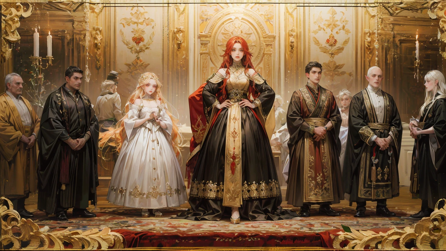 red hair,far shot,hands on hips,full body elf girl ,(slavic) dress,red eyes, glowing eyes,red eyes, nosiq ,Bulgarian embroidery ornaments developed with the development of Slavic and Proto-Bulgarian culture,(Fechin Oil Painting - Fechin Oil Painting , oil painted)
