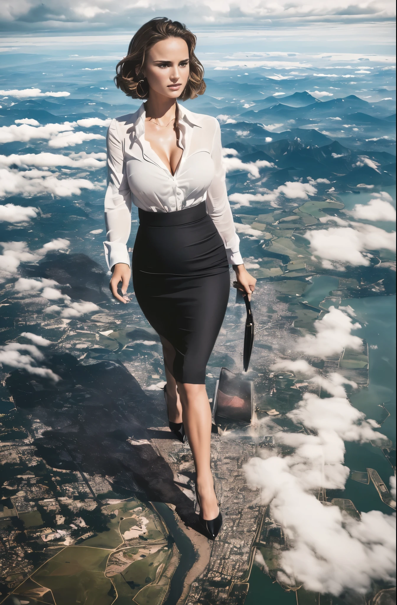 Natalie Portman, (masterpiece, best quality, best shadows, best shading, perfect hands, perfect face, cinematic lighting, colorful, ultra-detailed, beautiful photography, character focus, extremely-detailed, photorealistic, hyper photorealism, atmospheric), (rural destruction:1.7), (giantess, stereotypical office worker), (dirty, filthy, unwashed, sweaty, unkempt, angry, tired, exhausted, annoyed), ((walking, mid stride:1.2, stepping down on:1.2, stomping, crush, rampage)), (black patent Louboutin pointed toe pumps, high heels, stiletto heels), ((revealing crisp white blouse, short black pencil skirt)), (high altitude photography, satellite view), (curvy, exposed cleavage, heaving bosom, legs), (urban sprawl, farmland and small towns, destruction, buildings, roads), (((cloudy, overcast, clouds and atmosphere partly obscuring the subject:1.2, hazy atmosphere, haze in foreground, wispy clouds)))