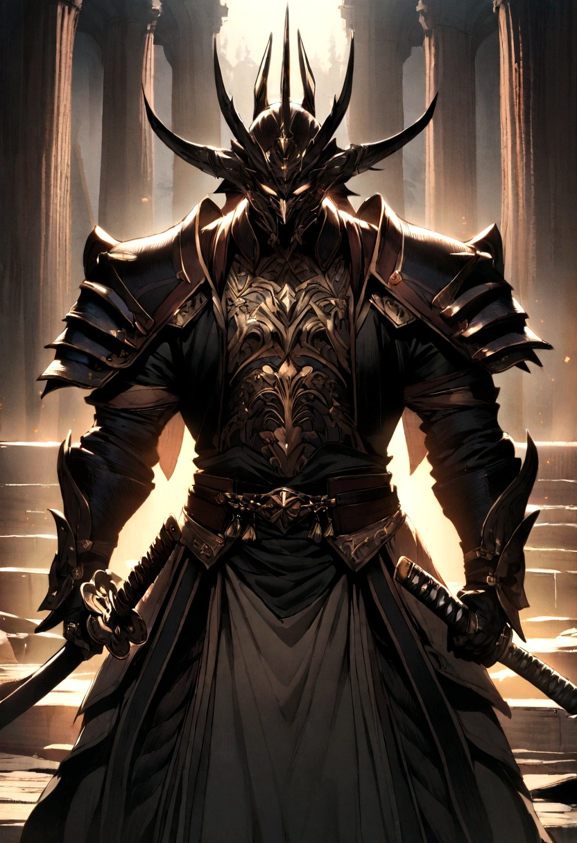 The samurai are ready to fight,neon lig,dark fantasy vibe,eventide,8K,cinematic lighting,with a katana,pillars,rivers,full armed, várivers samurais, アニメ, without a helmet, face detailed.