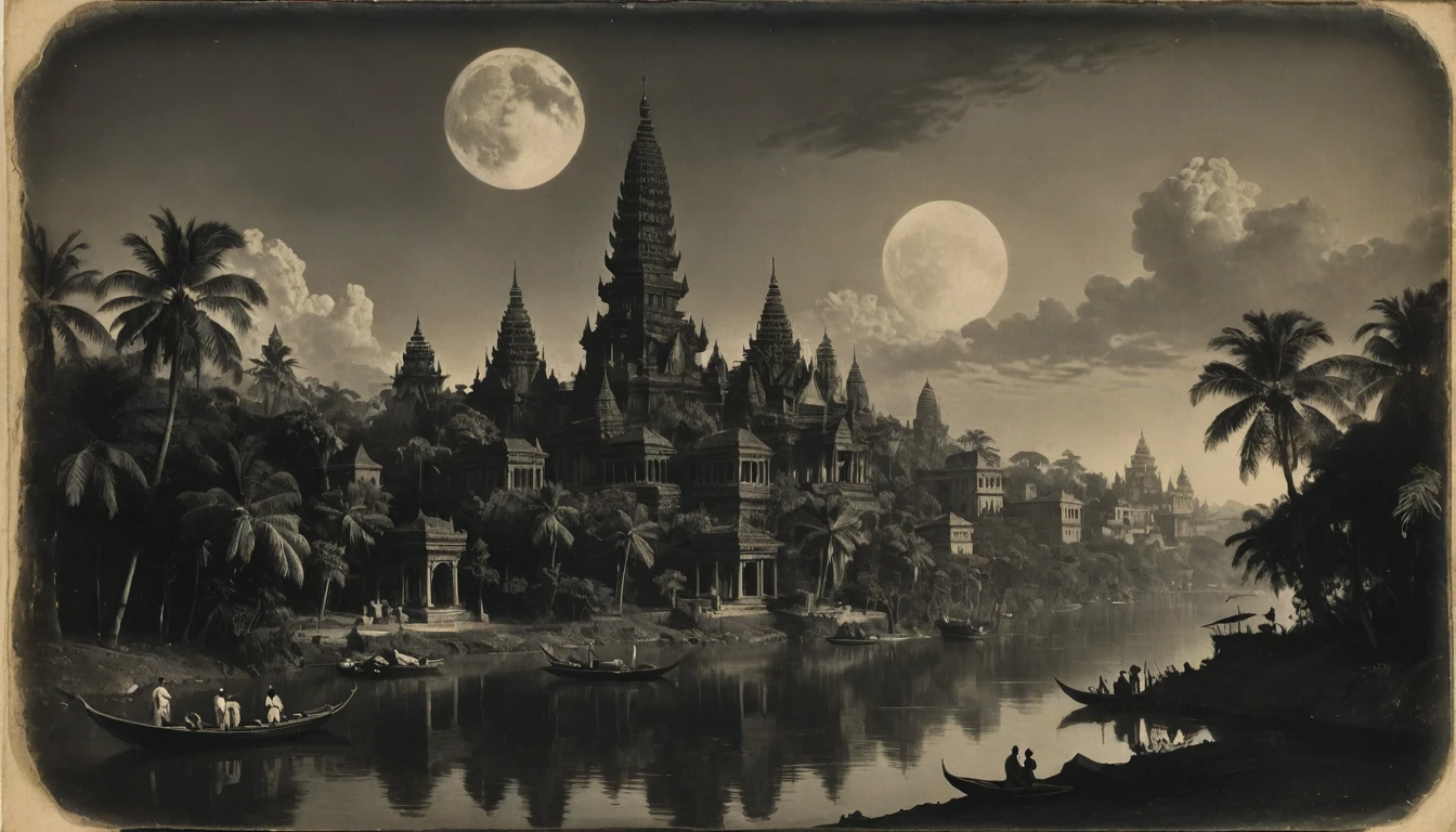 {{monochrome daguerreotype on old paper}}, the composition is: (((dramatic, colossal, aerial, night view of a tropical, high towered metropolis with Roman, Mughal, Khmer and Baroque elements, made of marble elements))), ((in a jungle, in a river of lurid waters, with boats, two moons depicted in the skies))

