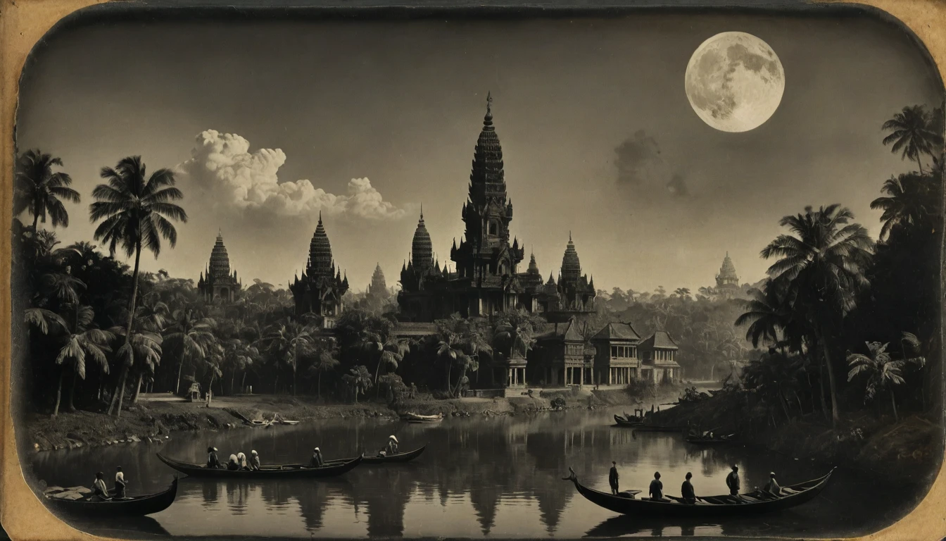 {{monochrome daguerreotype on old paper}}, the composition is: (((dramatic, colossal, aerial, night view of a tropical, high towered metropolis with Roman, Mughal, Khmer and Baroque elements, made of marble elements))), ((in a jungle, in a river of lurid waters, with boats, two moons depicted in the skies))