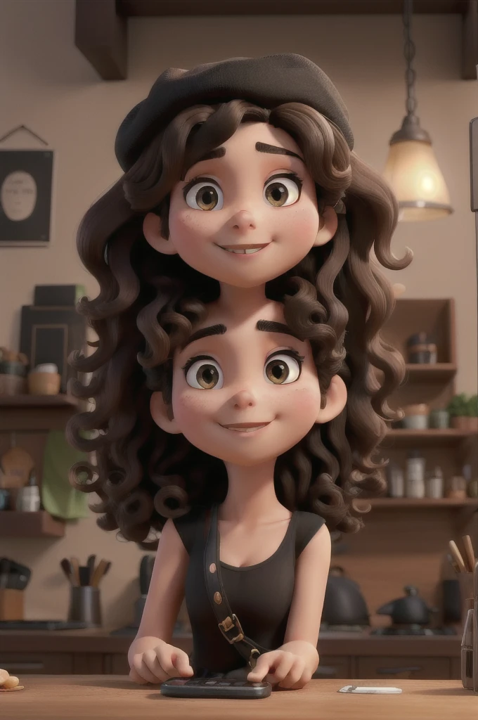 A brunette woman with curly hair wearing a black cap and written Thai on the front holding an iPhone in soft lighting looking at her cell phone brunette 8k 3D