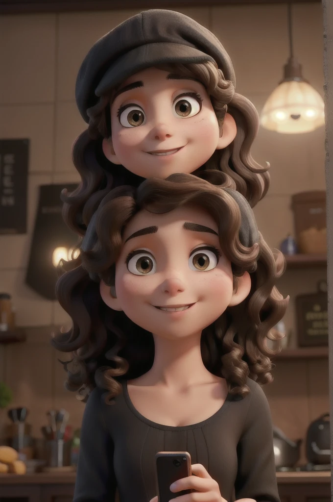 A brunette woman with curly hair wearing a black cap and written Thai on the front holding an iPhone in soft lighting looking at her cell phone brunette 8k 3D