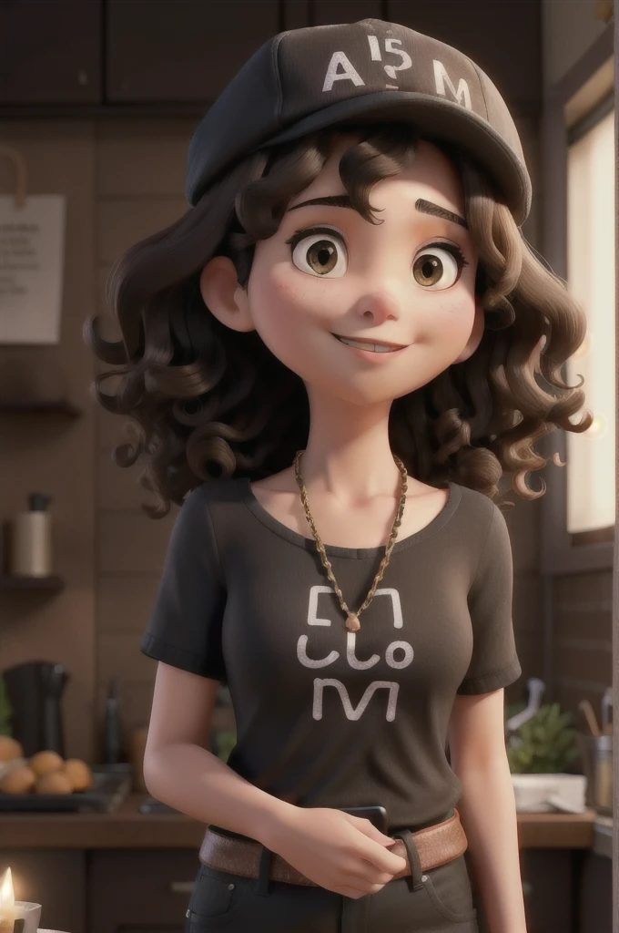 A brunette woman with curly hair wearing a black cap and written Thai on the front holding an iPhone in soft lighting looking at her cell phone brunette 8k 3D