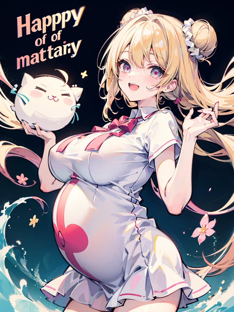 Bishojo anime style,pregnant high school girl,white huge maternity ,blonde curled fringe with bun hair,
scrunchie,Semicircular eyes,laugh,happy,love, aura of love, agape,